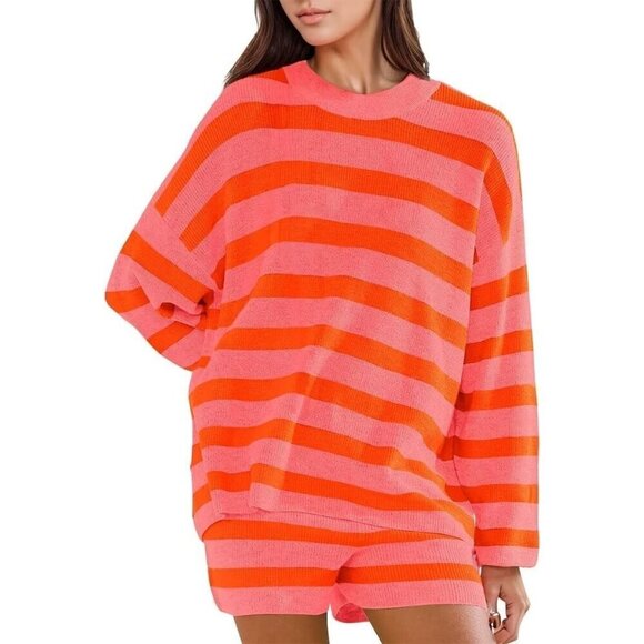 Women Pink Oversized Lounge Set Striped Matching Pajamas Long Sleeve Sweater Top - Picture 3 of 4